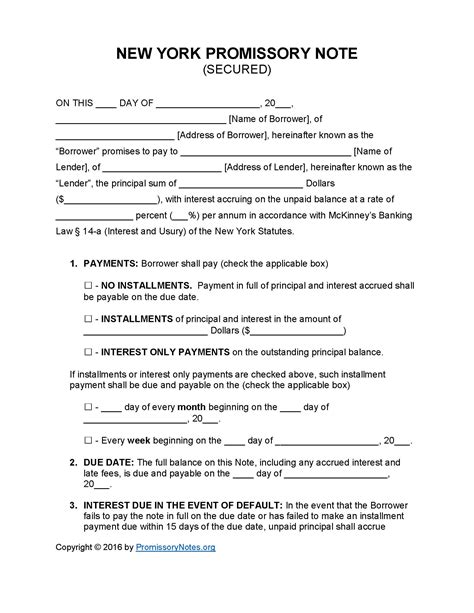 york secured promissory note template promissory notes