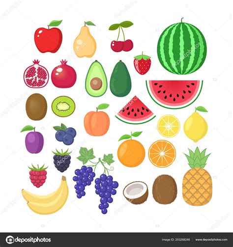 colección frutas varias vector conjunto caricaturas frutas clipart frutas — archivo imágenes