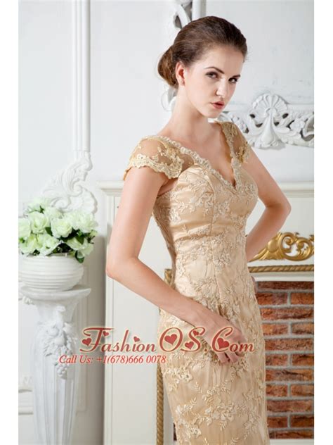 Champagne Column V Neck Lace And Embroidery Mother Of The Bride Dress