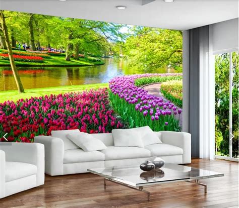 green nature tree wallpaper murals tulip flower  living room