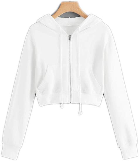 Cropped Sweatshirt Women Zip Up White Hoodies Clothes Tops