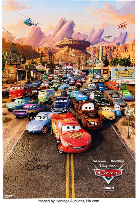 cars theatrical poster signed  john lasseter group  lot