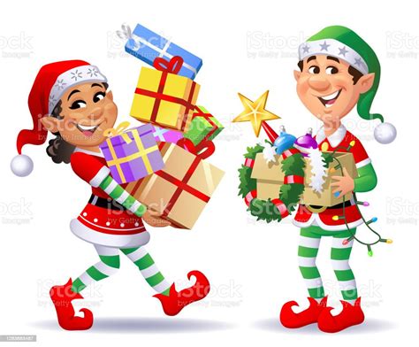 Cute Christmas Elves With Presents And Christmas Decoration Stock