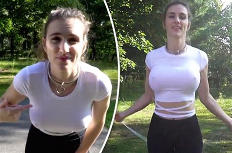 model flashes boobs in extreme braless workout video