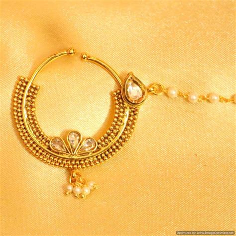 gold look paisley pattern kundan bridal nose ring sanvi jewels pvt