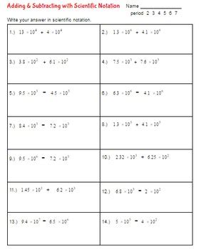 adding  subtracting numbers  scientific notation worksheet