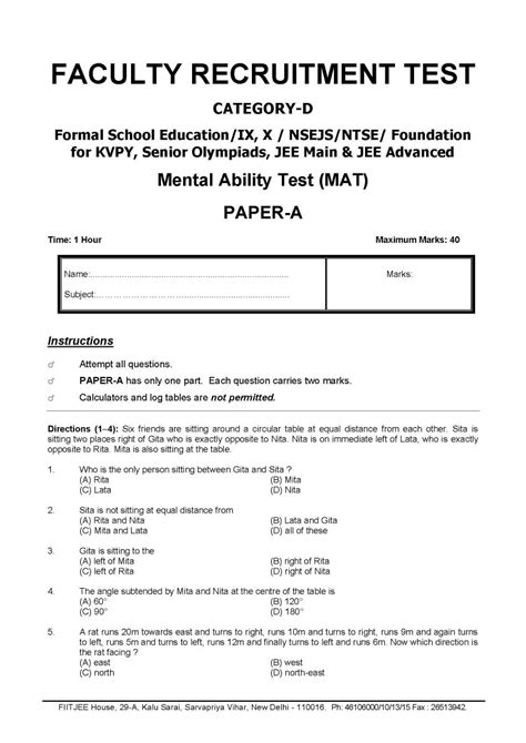 fiitjee entrance test mental ability sample paper   eduvark