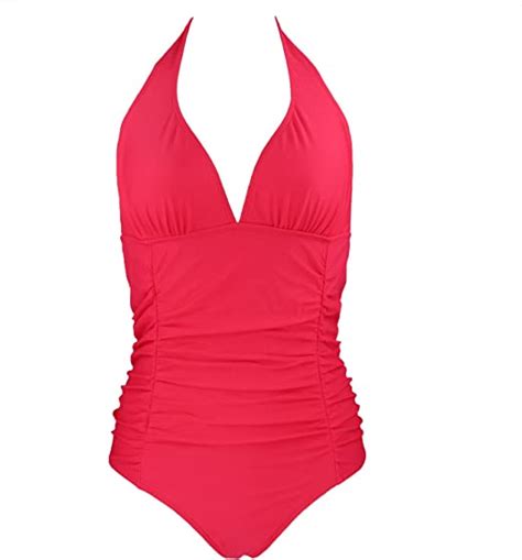 womens solid color vintage v neck tummy control one piece swimsuit red