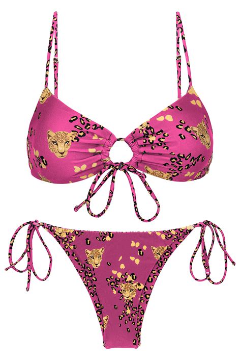 Pink Leopard Print Brazilian Bikini With Front Tie Top Set Roar Pink