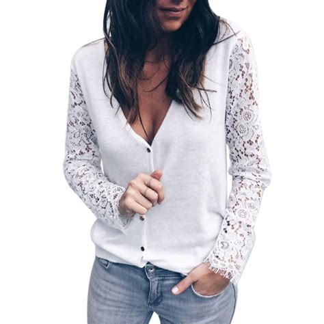 solid color women sexy lace patchwork long sleeve v neck buttons t