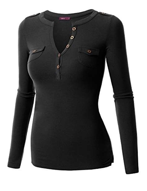 doublju womens long sleeve fitted deep  neck henley  shirt black