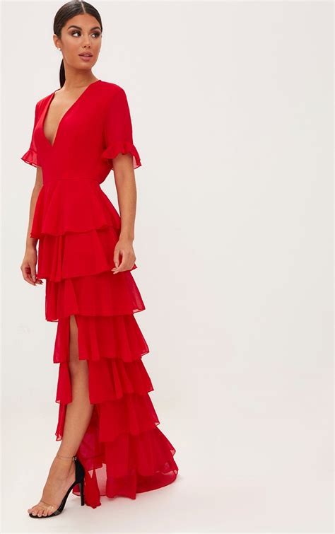 red chiffon ruffle layer maxi dress prettylittlething usa