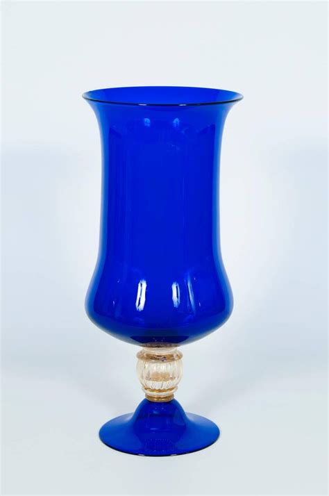 Italian Venetian Vase In Blown Murano Glass Blue And 24 K
