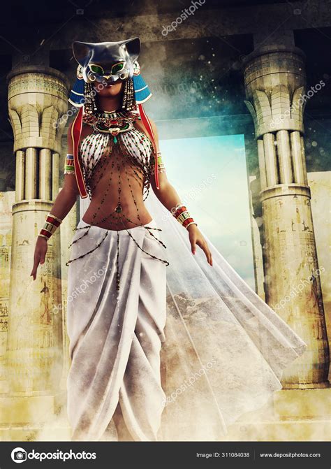 Ancient Egyptian Priestess Mask Cat Goddess Bast Standing Two Pillars
