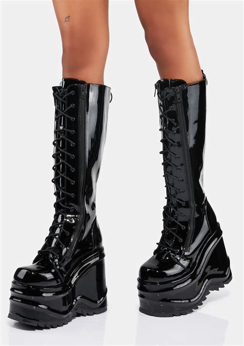 demonia wave  knee high lace  wedge boots black patent dolls kill