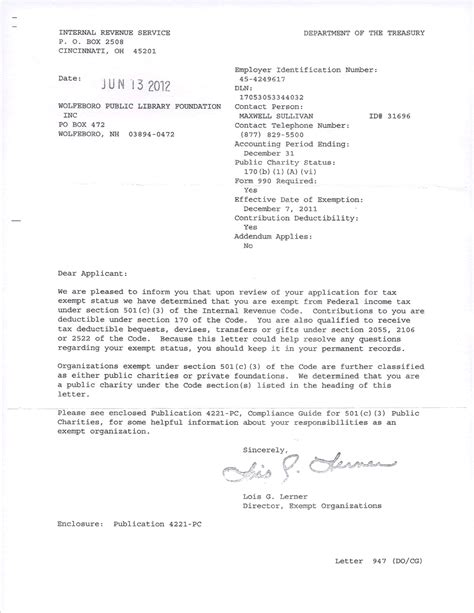 irs letter wolfeboro public library foundation