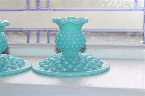 turquoise glass hobnail candlestick holders pair vintage fenton