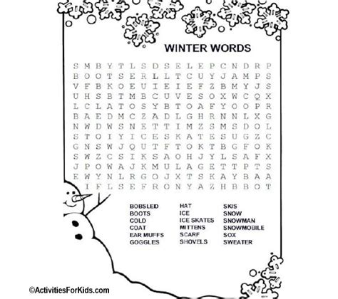 winter words word search activities  kids