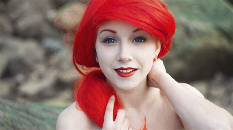 Wallpaper Face Redhead Cosplay Model Blue Eyes Red