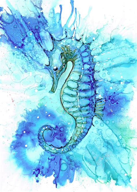 seahorse print  original ink painting etsy