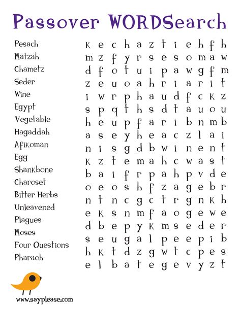 passover word search  printable