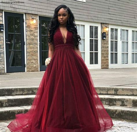 burgundy prom dresses african black girls deep v neck holidays