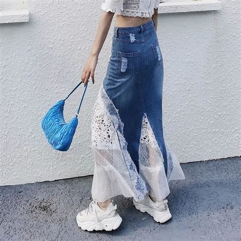deconstructed jean skirt lace maxi jean skirt denim skirt etsy