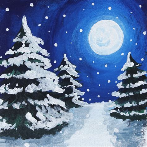 acrylic painting  snow covered pine trees  front   full moon