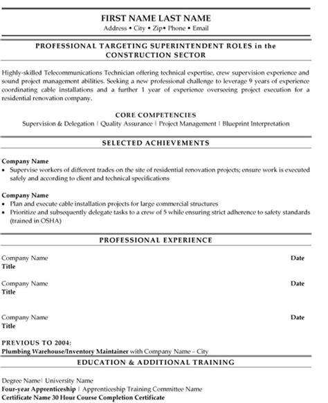 construction superintendent resume template