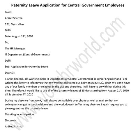 paternity leave application format  central government employees