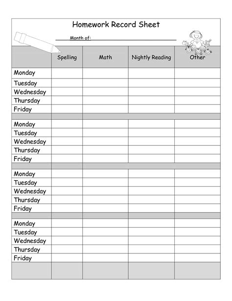 grade homework weekly homework homework sheet  printable