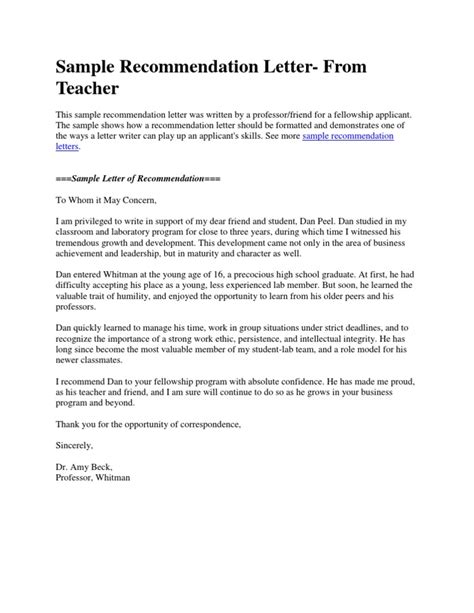 sample recommendation letter  teacher docsharetips