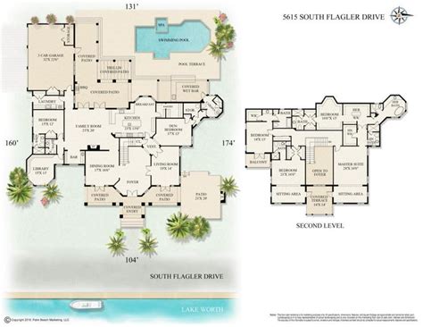 square foot palm beach home main  upper level floor plans address   flagler dr