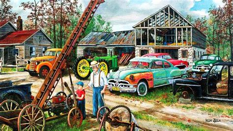 junkyard cars auto automobile classic retro artwork painting