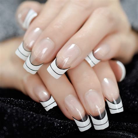 Square Long French Nails White Clear Color Nails Black Line Layer