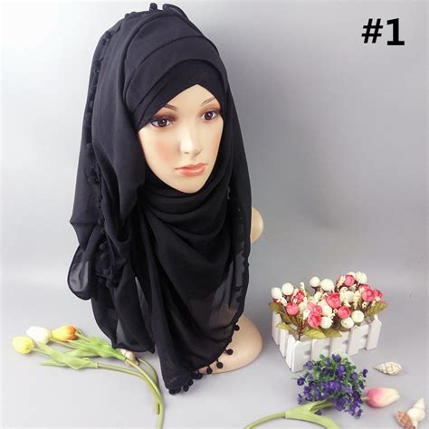 Chiffon Shawls Muslim Women Head Wear Hijab With Pom Pom