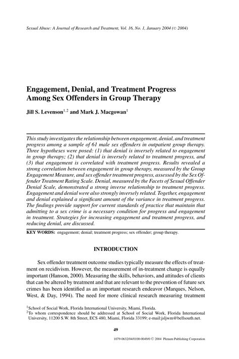 pdf engagement denial and treatment progress among sex offenders in group therapy