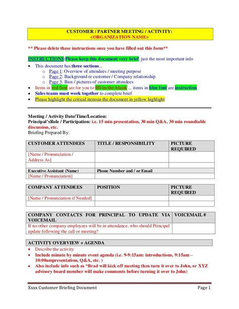 customer partner briefing template  executive assistants
