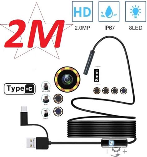 Hd Camera 1200p 8mm 2m Semi Rigide Usb Endoscoop Type C Borescope