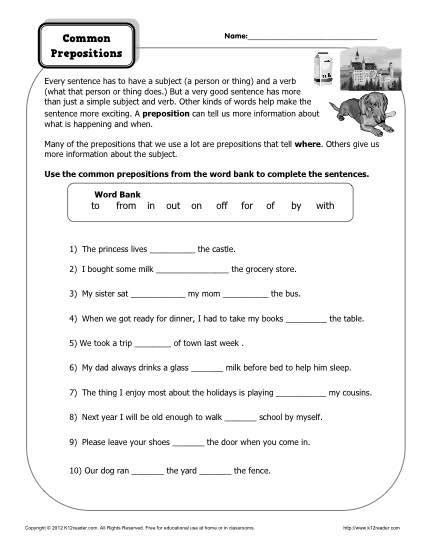 printable preposition worksheets  grade worksheetocom