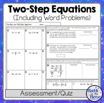 step equations quiz  worksheet includes word problems tpt