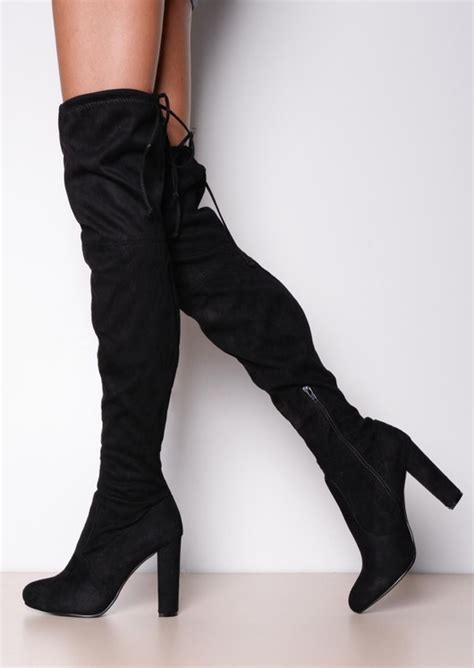 thigh high tie back faux suede heeled boots black lily lulu fashion