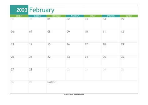 editable calendar february