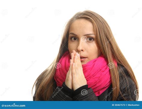 Young Woman In Winter Tries To Warm Up Her Hands Stock Image Image Of