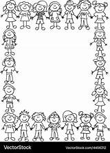 Border Outline Friendship Kids Vector Borders Frame Cute Cartoon Holding Hands Kid Drawing Royalty Coloring Family Stick Figure Vectorstock Pages sketch template
