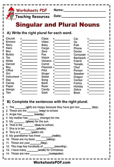 plural  singular nouns worksheets worksheets master