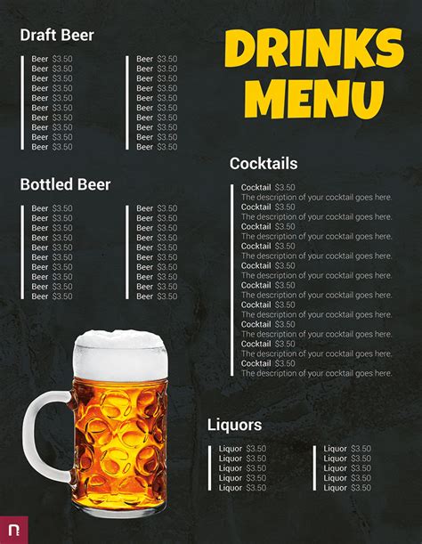 printable drink menu template printable templates