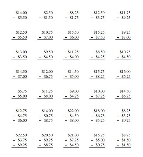 sample subtracting money worksheet templates
