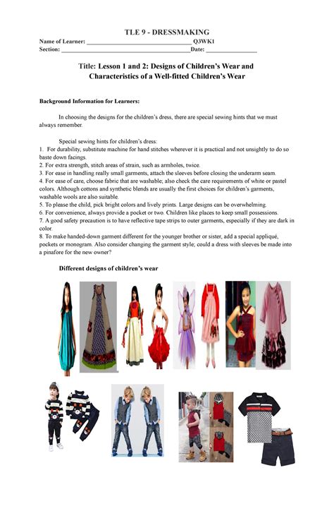 dressmaking grade   wk wk  pages edited tle  dressmaking   learner studocu