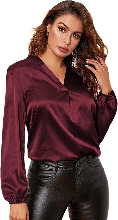 Didk Women S Blouses Long Sleeve Top Satin Top With V Neck Blouse Tunic